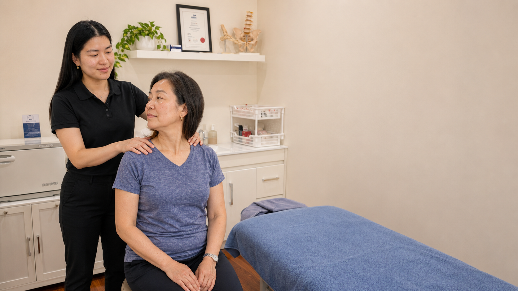 Illustrative image of Vera Liu demonstrating a neck assessment at Myonexis