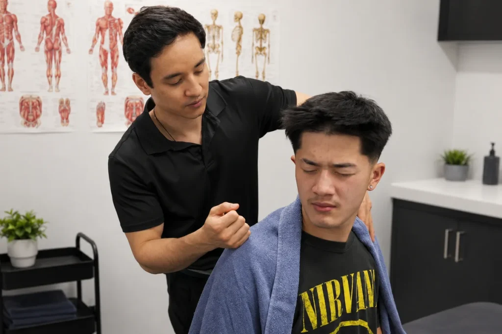 Myonexis practitioner providing neck and shoulder care during an appointment